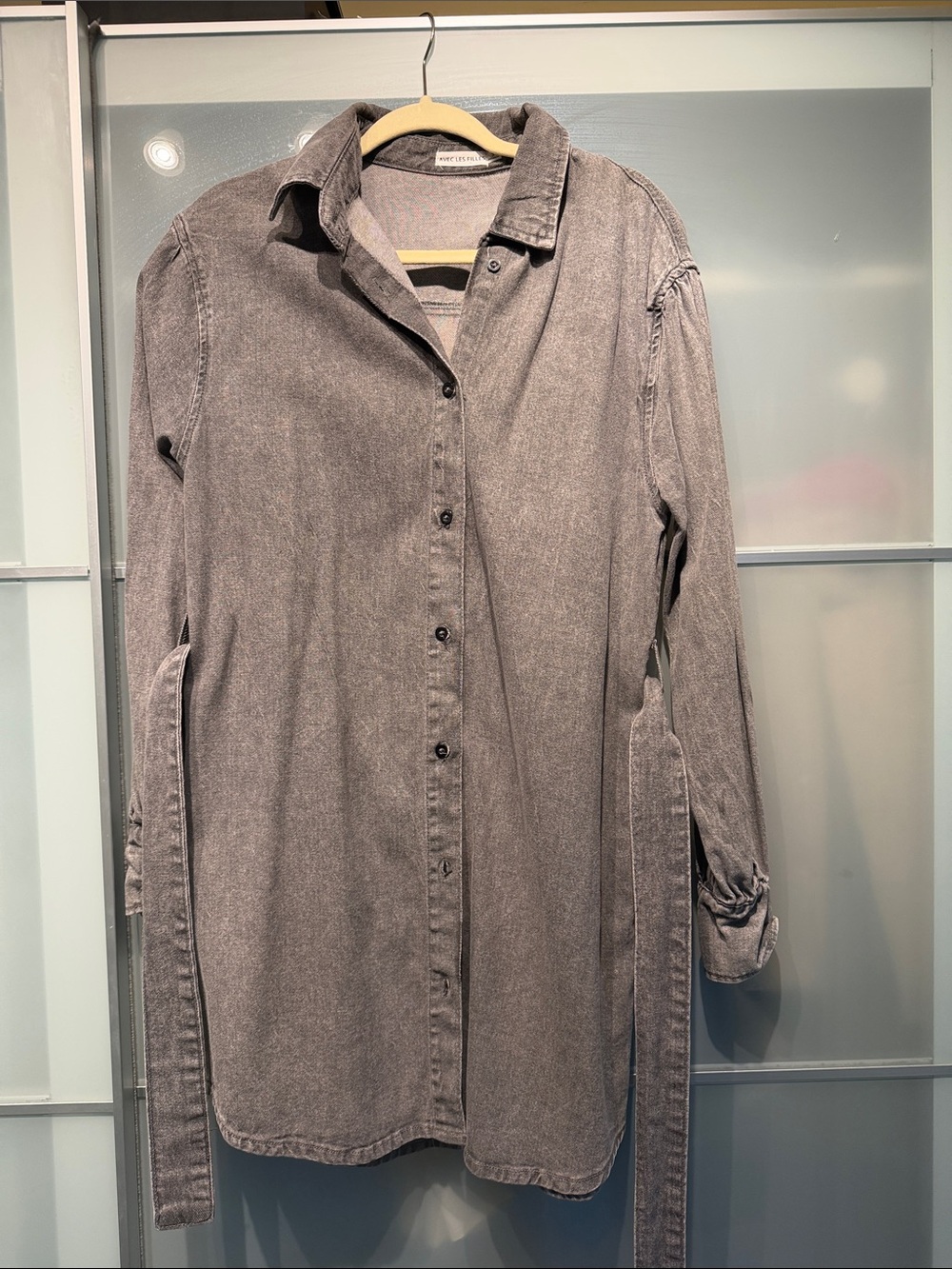 Avec Les Filles Washed Gray Button-Down Longline Shirtdress Small